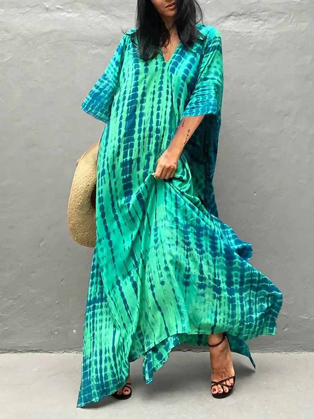 Robe caftan longue femme à manches larges, coupe ample, vert