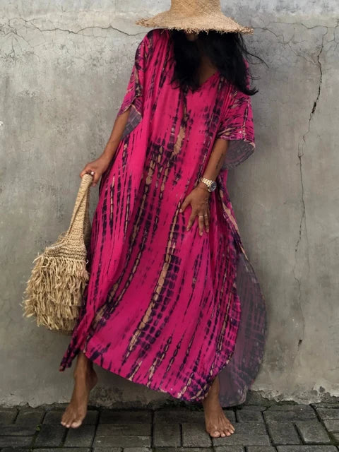 Robe caftan longue femme à manches larges, coupe ample, rose