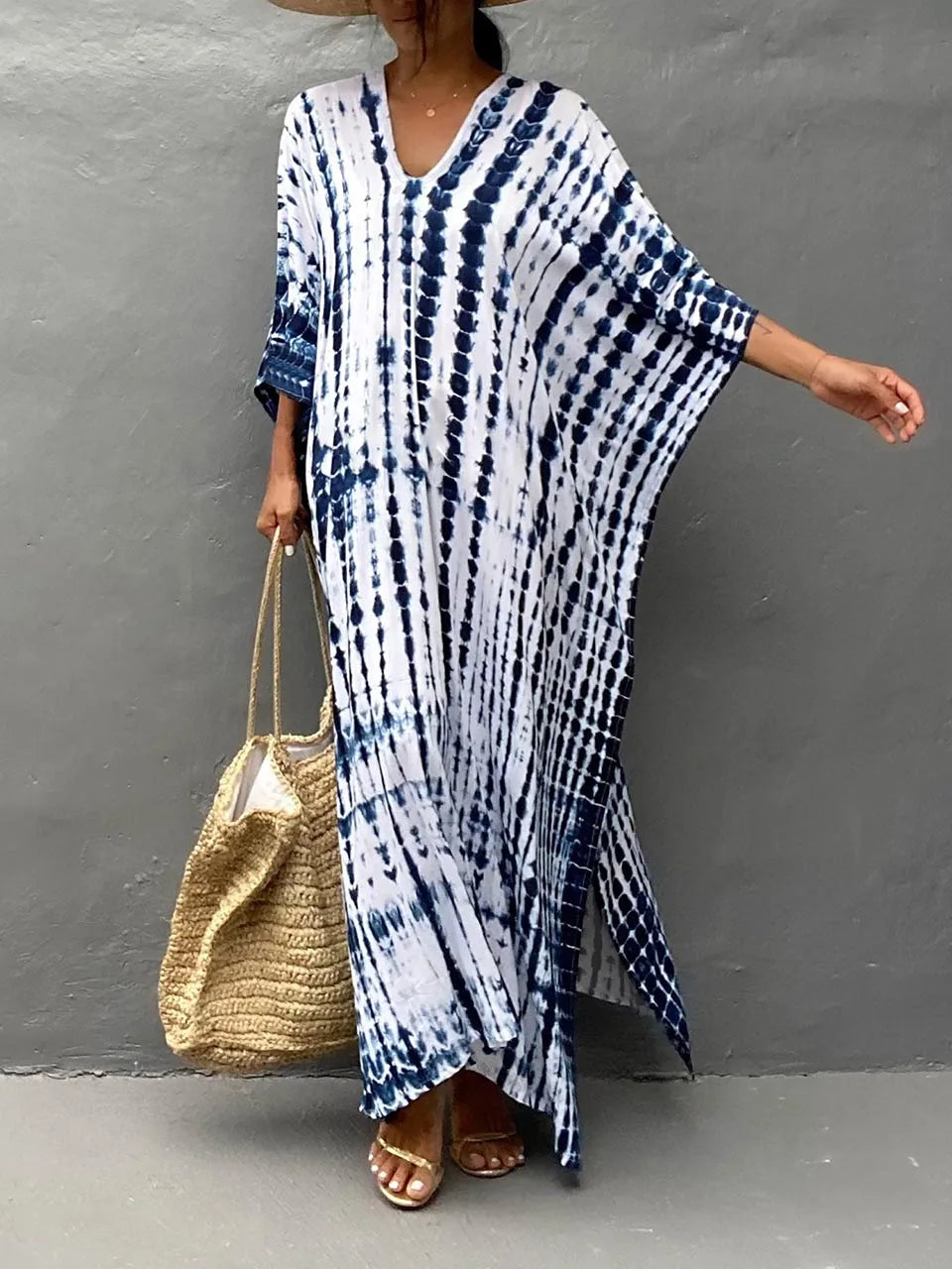 Robe caftan longue femme à manches larges, coupe ample