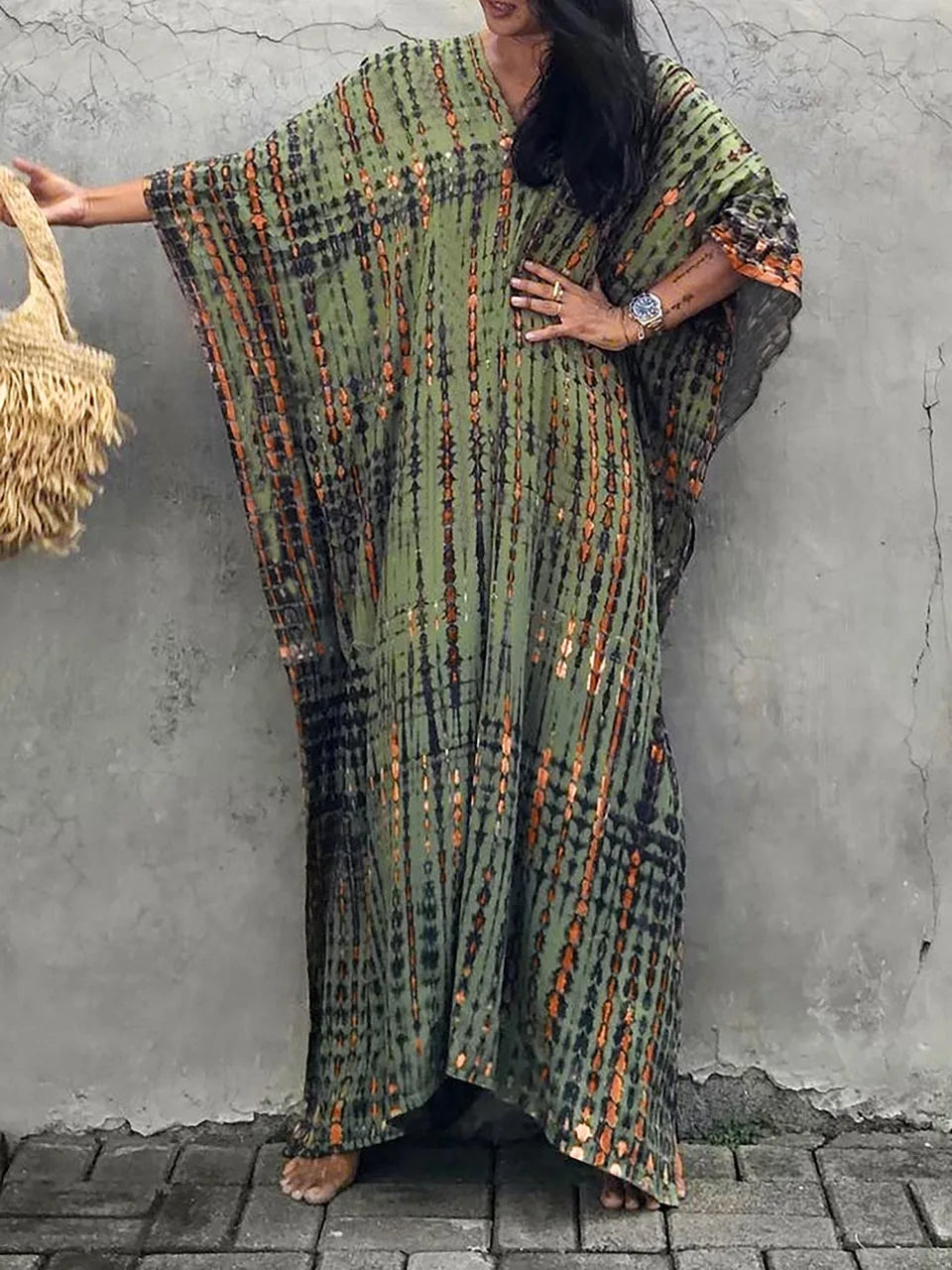 Robe caftan longue femme à manches larges, coupe ample