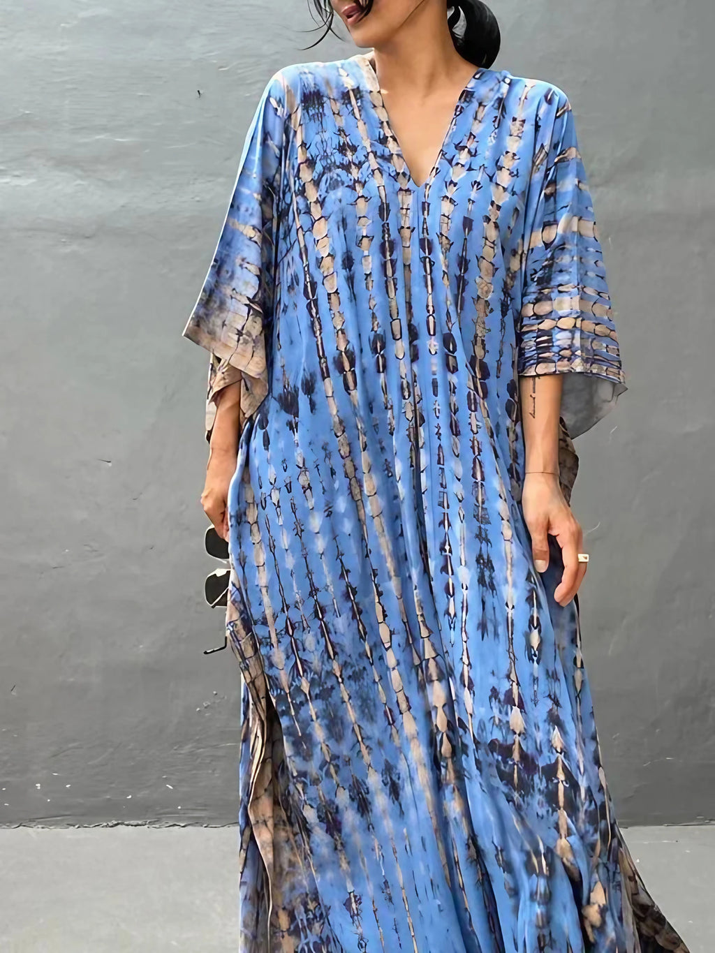 Robe caftan longue femme à manches larges, coupe ample, bleu