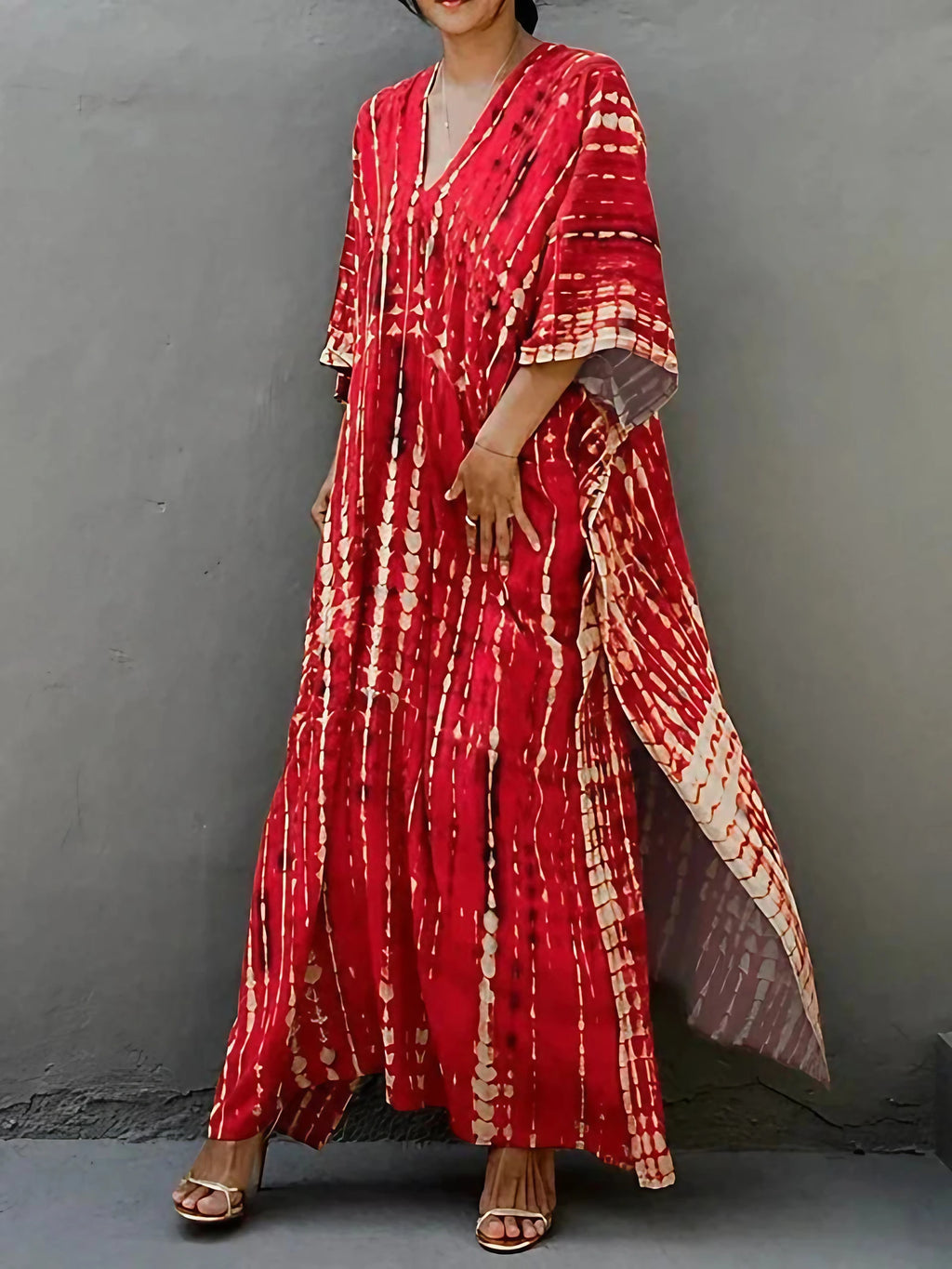 Robe caftan longue femme à manches larges, coupe ample, rouge