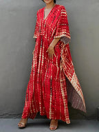 Robe caftan longue femme à manches larges, coupe ample, rouge