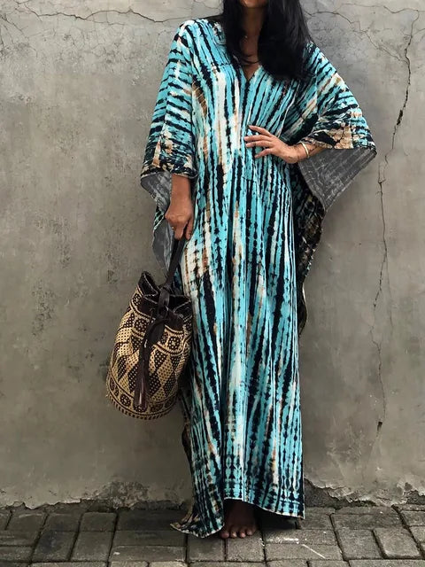 Robe caftan longue femme à manches larges, coupe ample, bleu clair