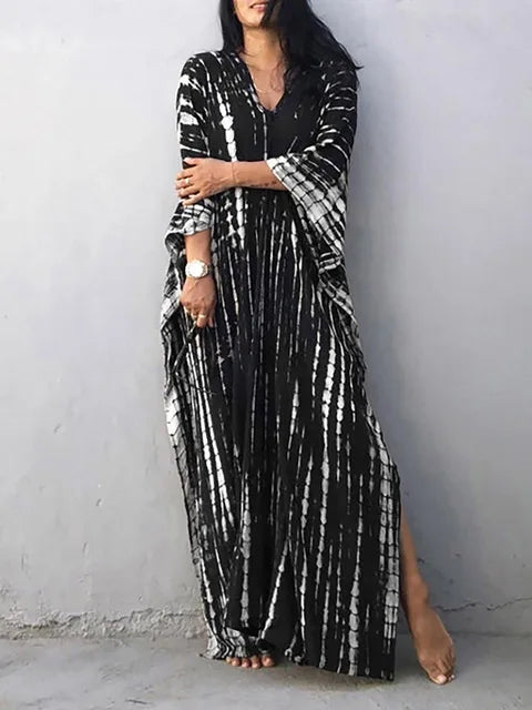 Robe caftan longue femme à manches larges, coupe ample, noir