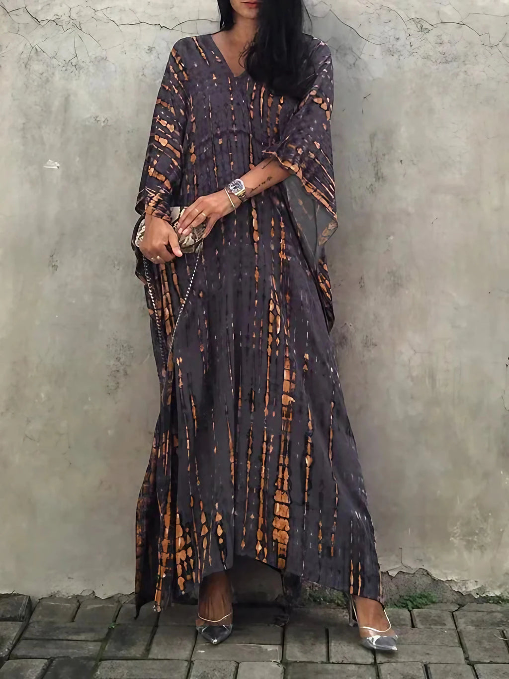 Robe caftan longue femme à manches larges, coupe ample, gris