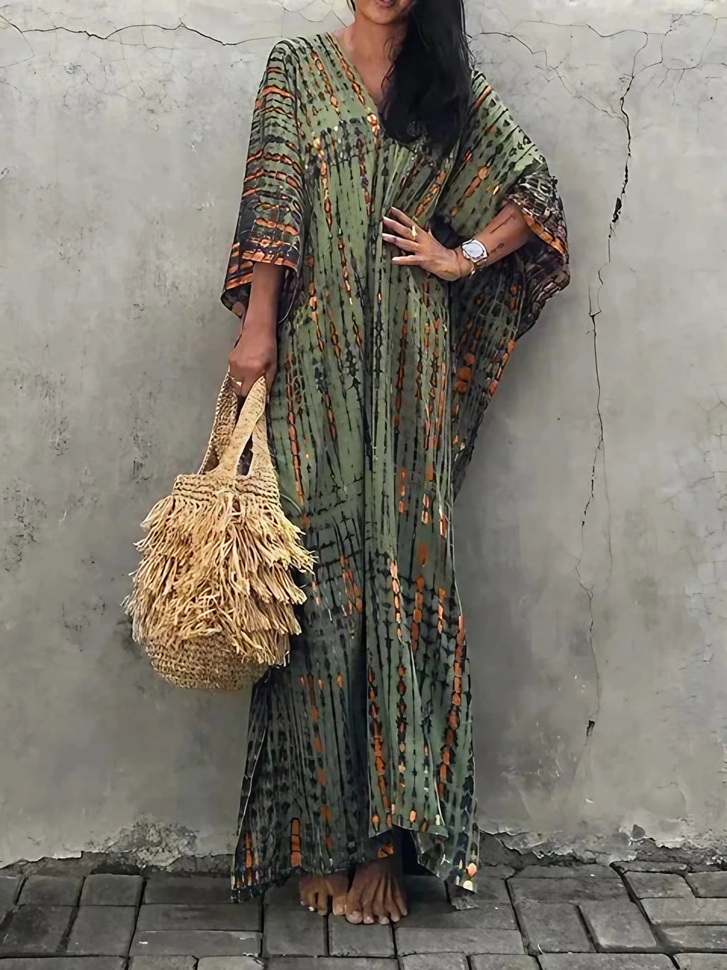 Robe caftan longue femme à manches larges, coupe ample, vert foncé