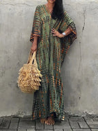 Robe caftan longue femme à manches larges, coupe ample, vert foncé