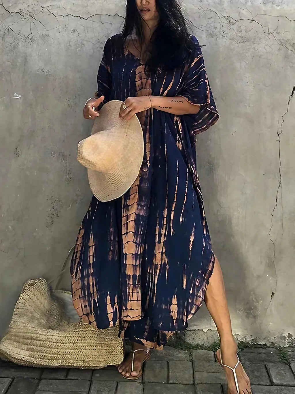 Robe caftan longue femme à manches larges, coupe ample, bleu marine
