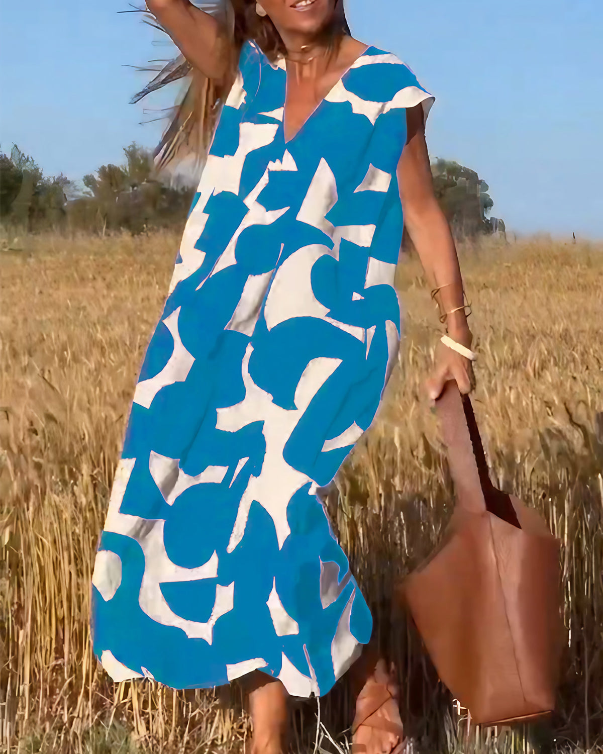 Robe imprimée femme à col V, six coloris, du S au 3XL, bleu