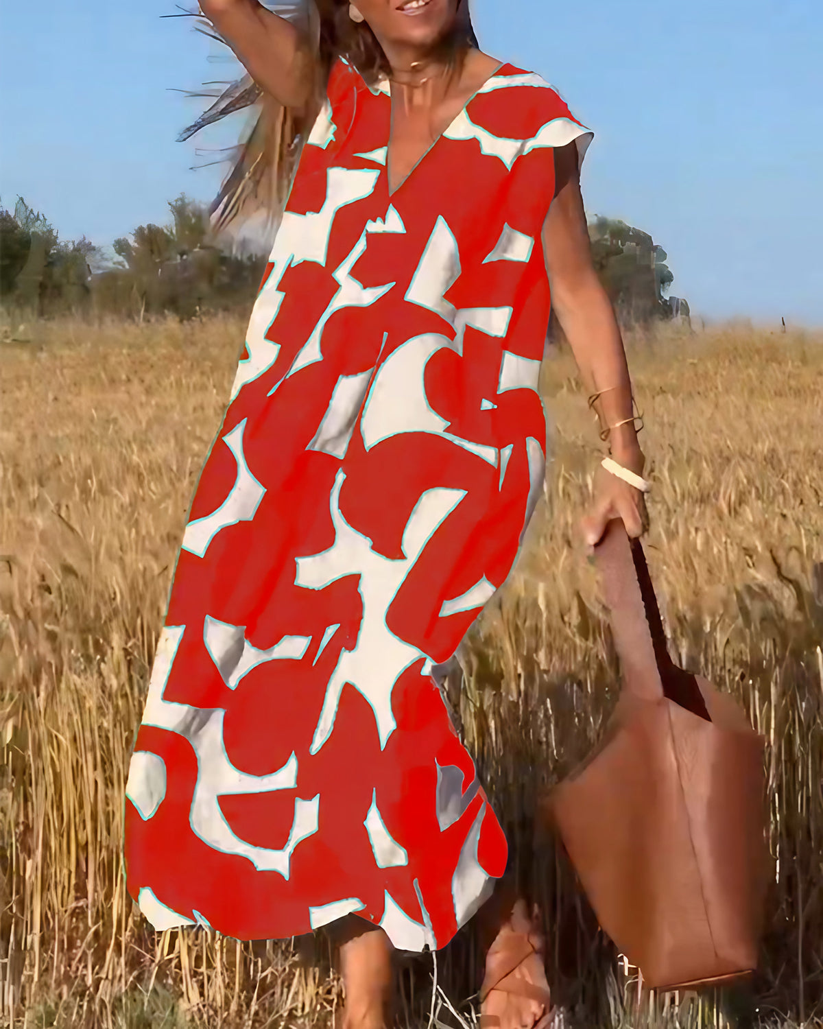 Robe imprimée femme à col V, six coloris, du S au 3XL, rouge