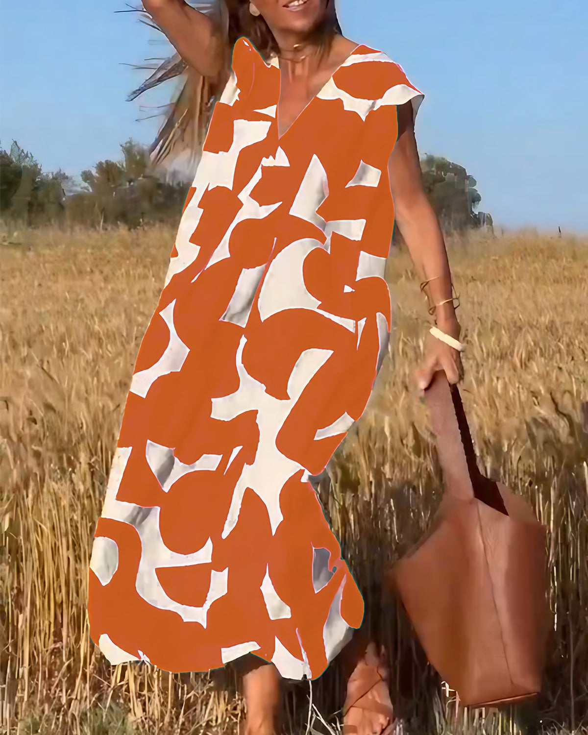Robe imprimée femme à col V, six coloris, du S au 3XL, orange