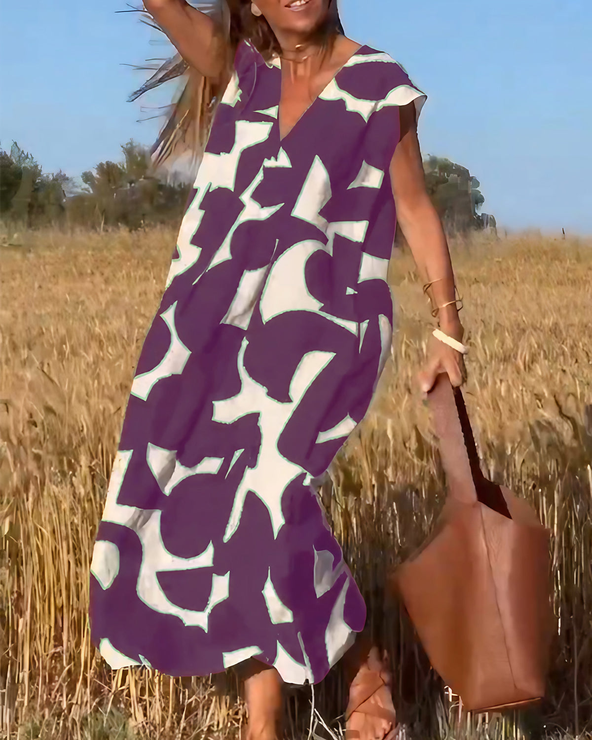 Robe imprimée femme à col V, six coloris, du S au 3XL, violet