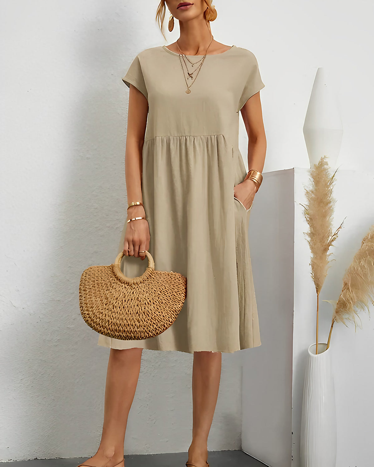 Robe courte femme à manches courtes, huit coloris, du S au 2XL, kaki
