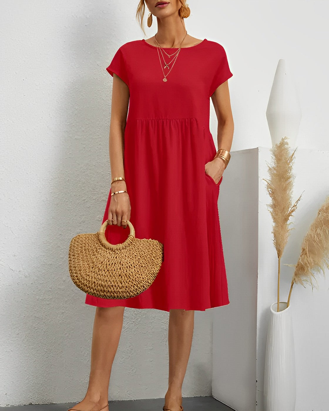 Robe courte femme à manches courtes, huit coloris, du S au 2XL, rouge