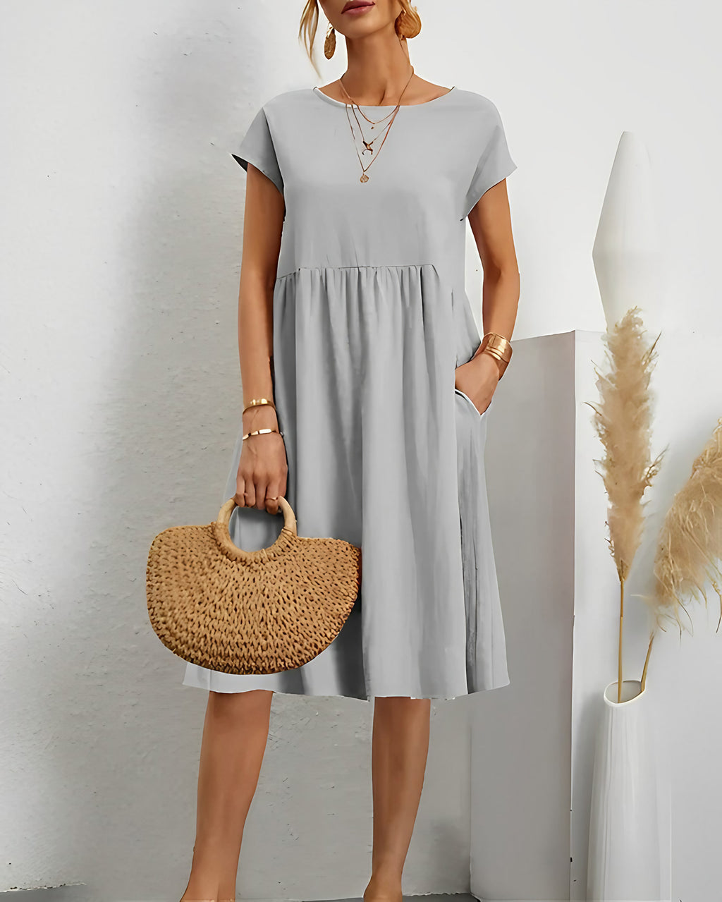 Robe courte femme à manches courtes, huit coloris, du S au 2XL, gris
