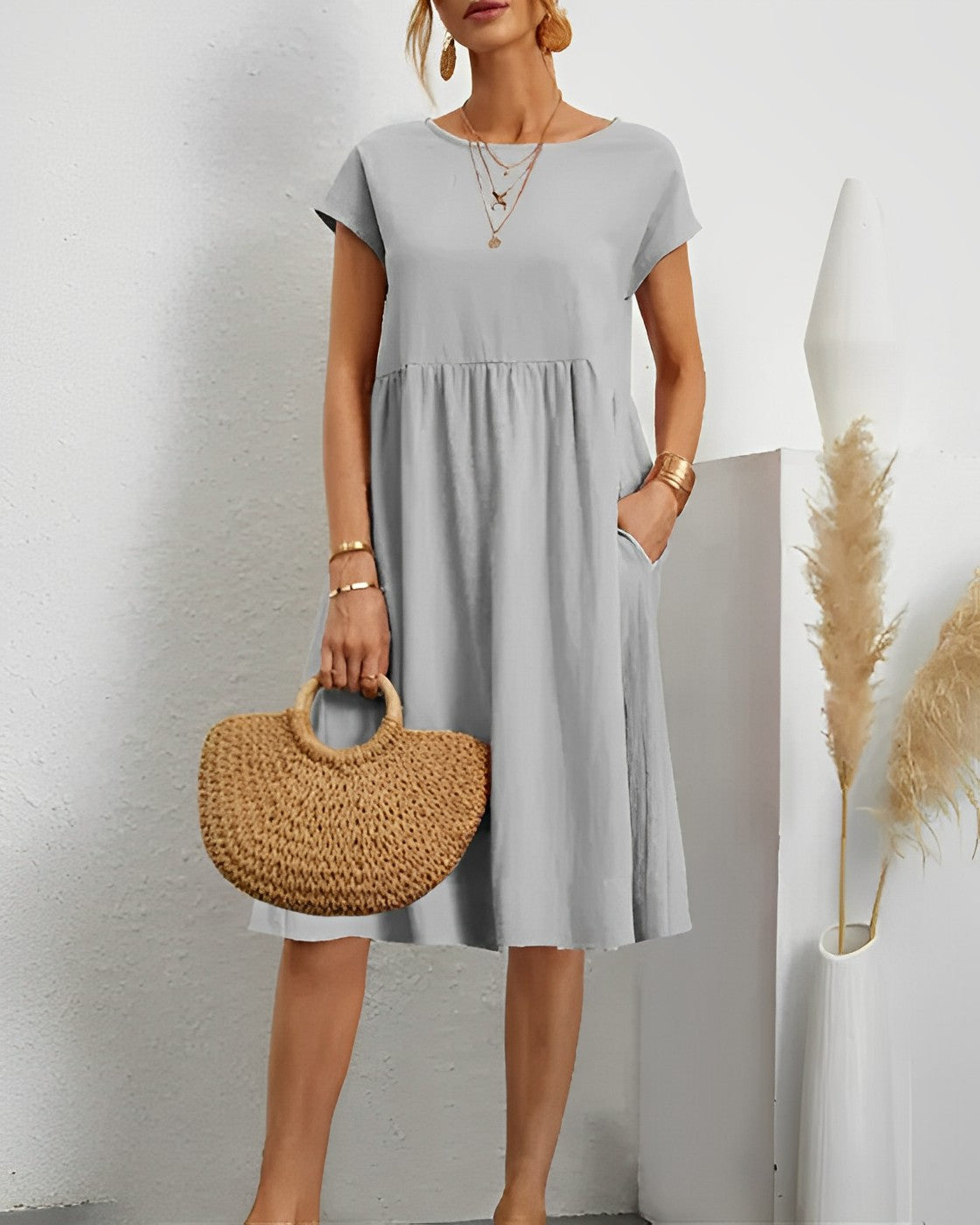 Robe courte femme à manches courtes, huit coloris, du S au 2XL, gris