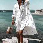 Robe chemise blanche d'été, manches longues transparentes