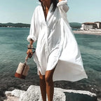 Robe chemise blanche d'été, manches longues transparentes