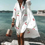 Robe chemise blanche d'été, manches longues transparentes