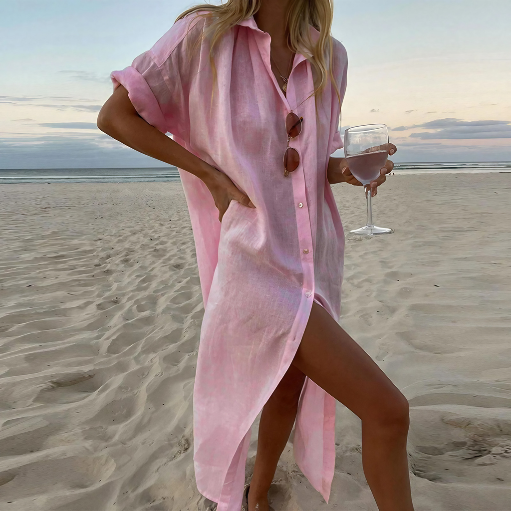 Robe chemise longue femme boutonnée, à fentes hautes, rose
