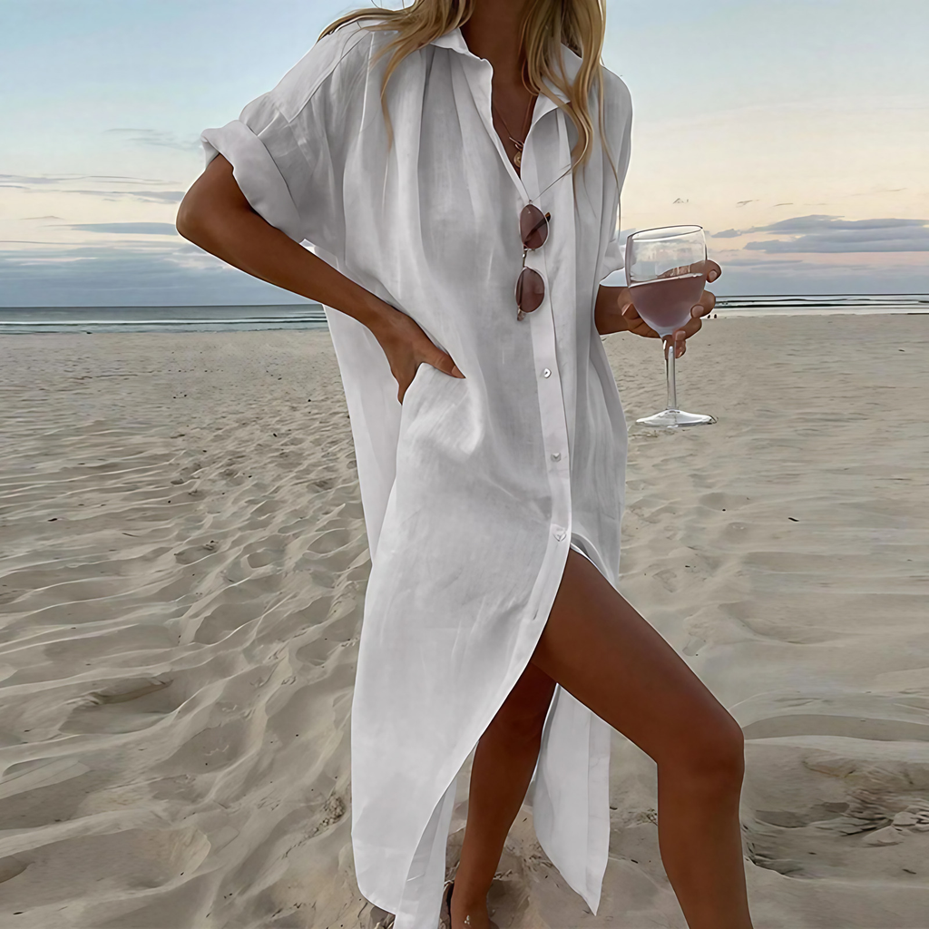 Robe chemise longue femme boutonnée, à fentes hautes, blanc