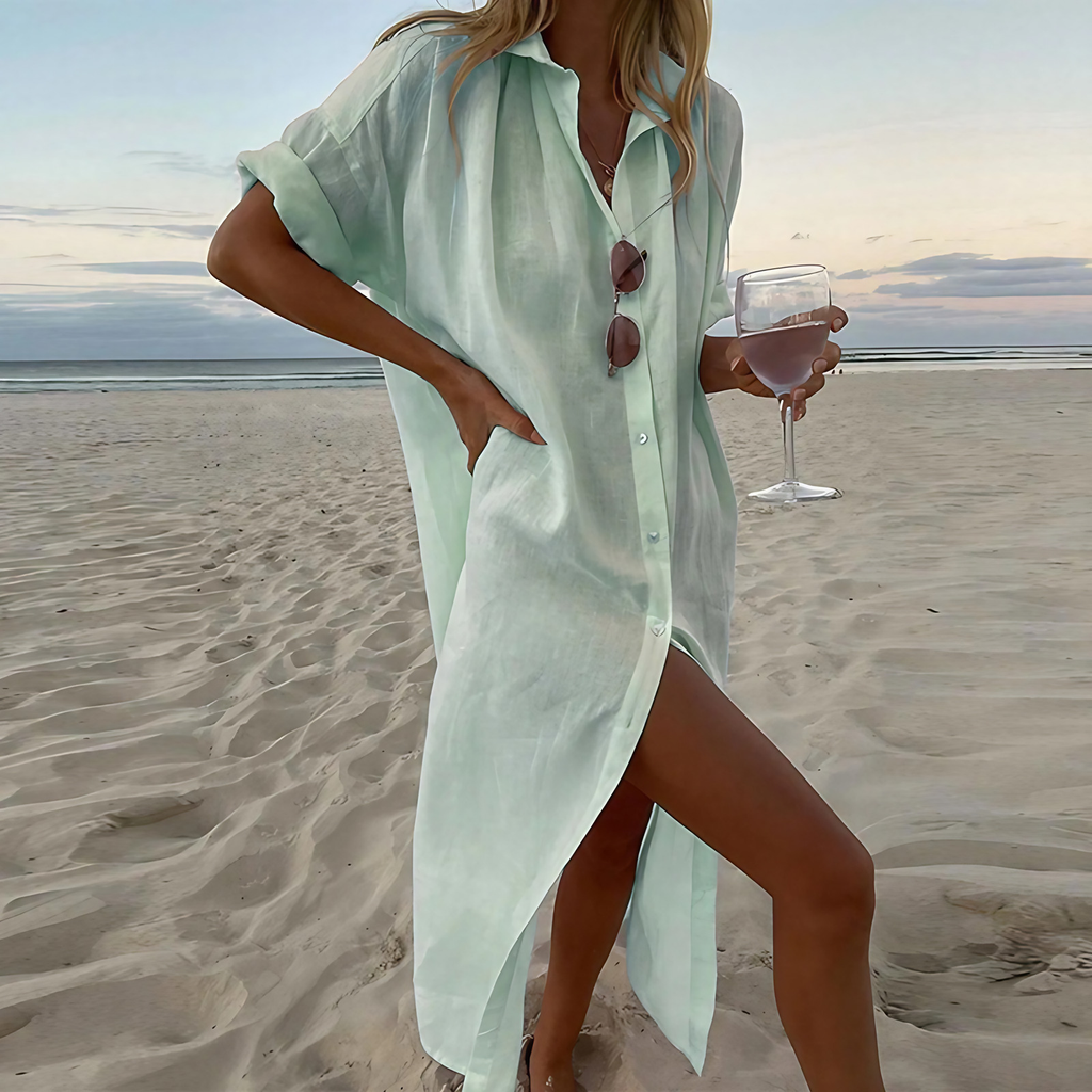 Robe chemise longue femme boutonnée, à fentes hautes, vert
