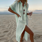 Robe chemise longue femme boutonnée, à fentes hautes, vert