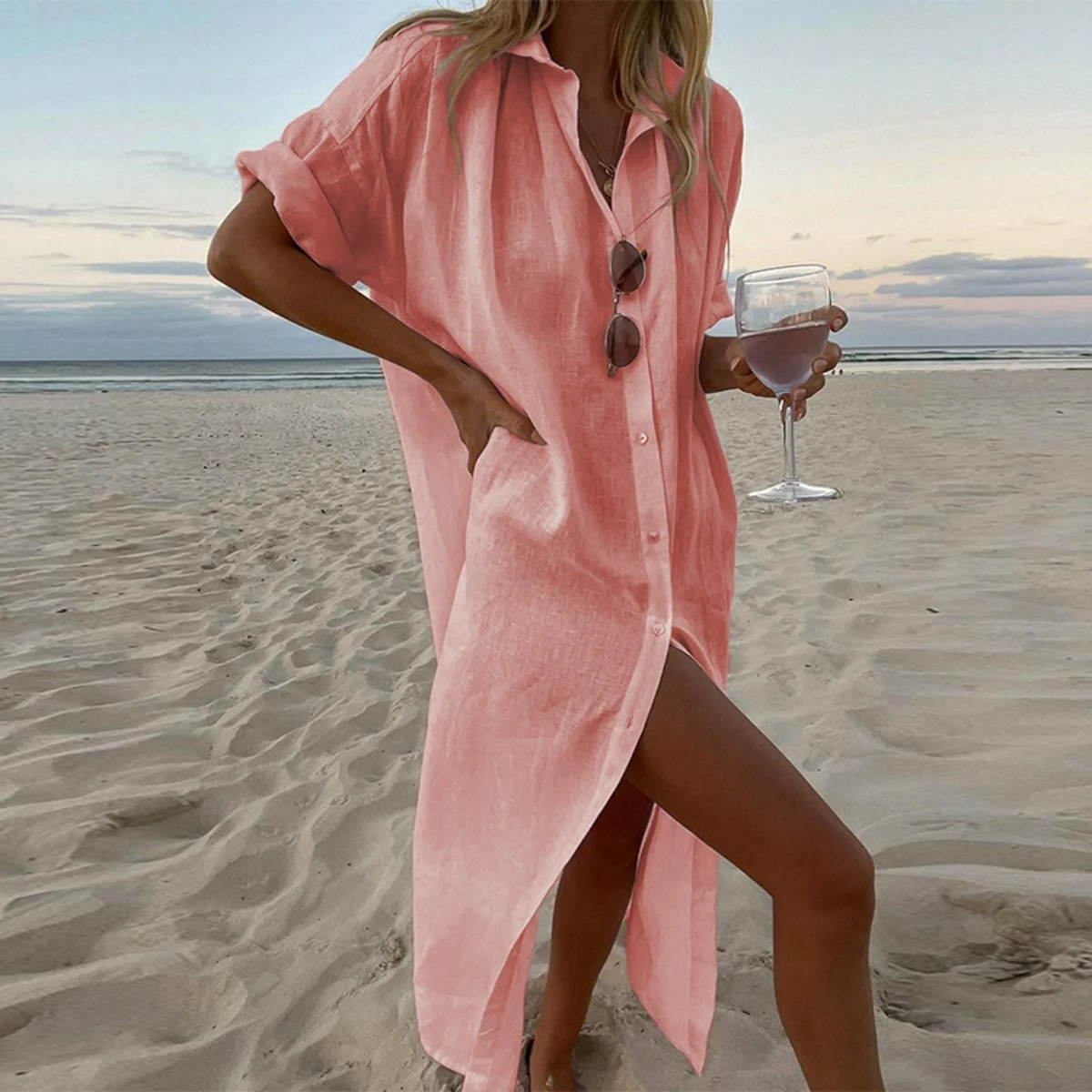 Robe chemise longue femme boutonnée, à fentes hautes