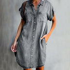 Robe chemise en jean léger, coupe ample, poches poitrine, gris