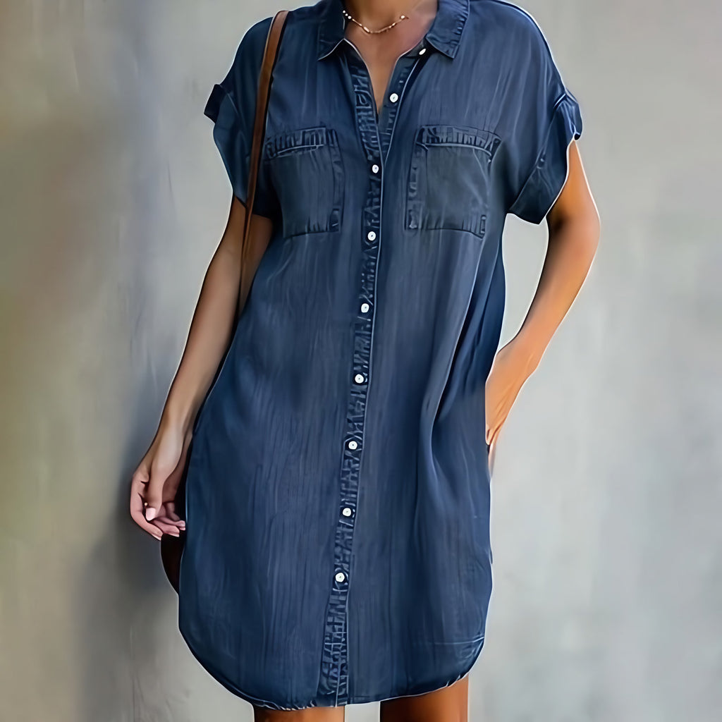 Robe chemise en jean léger, coupe ample, poches poitrine, bleu foncé