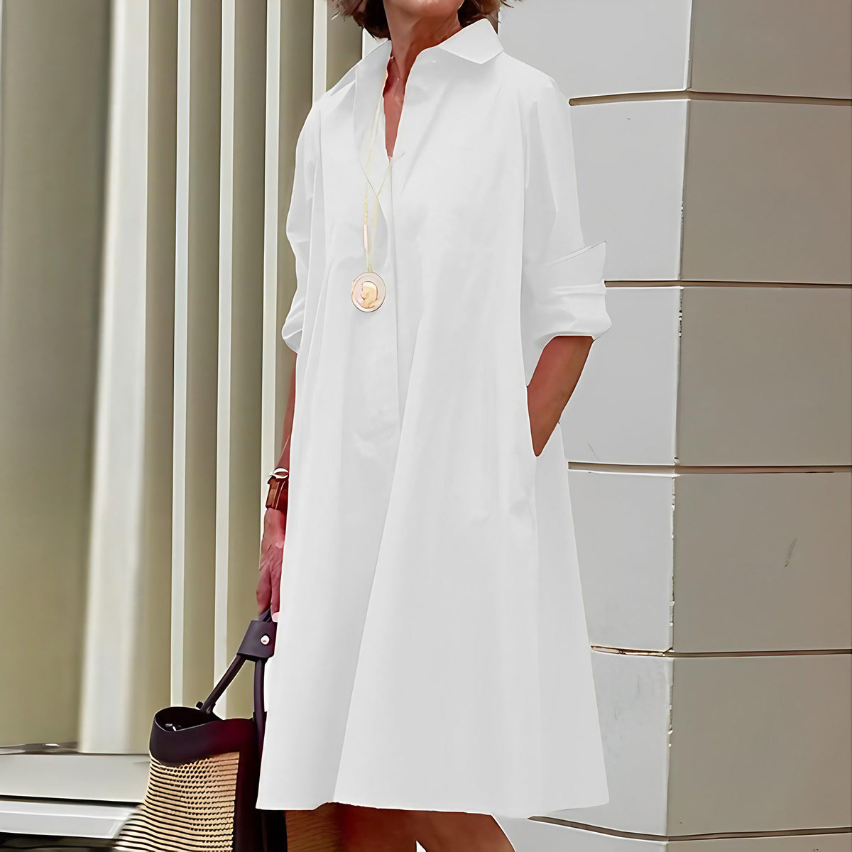 Robe chemise femme à manches 3/4 et ceinture amovible, blanc