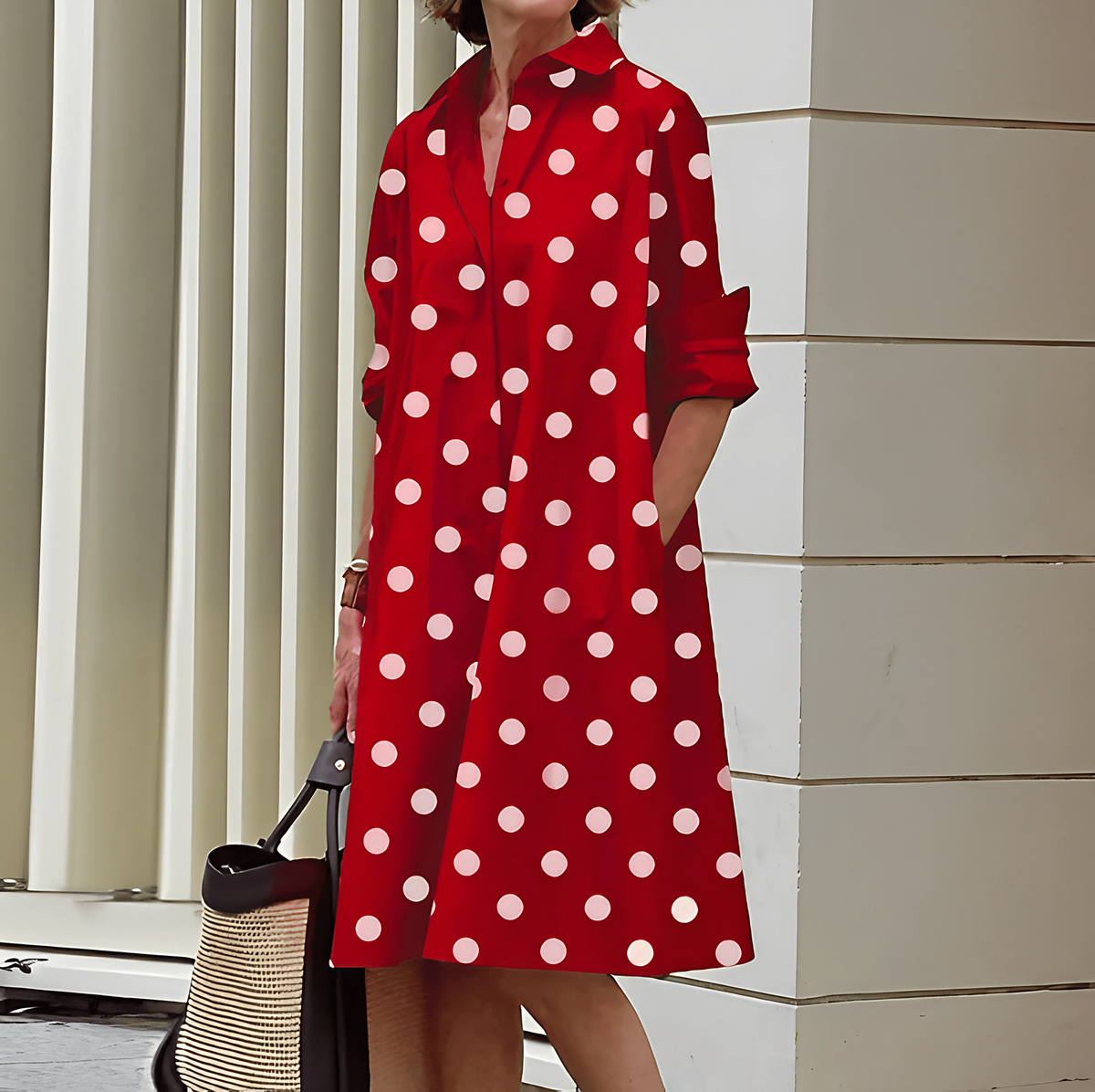 Robe chemise femme à manches 3/4 et ceinture amovible, rouge et blanc