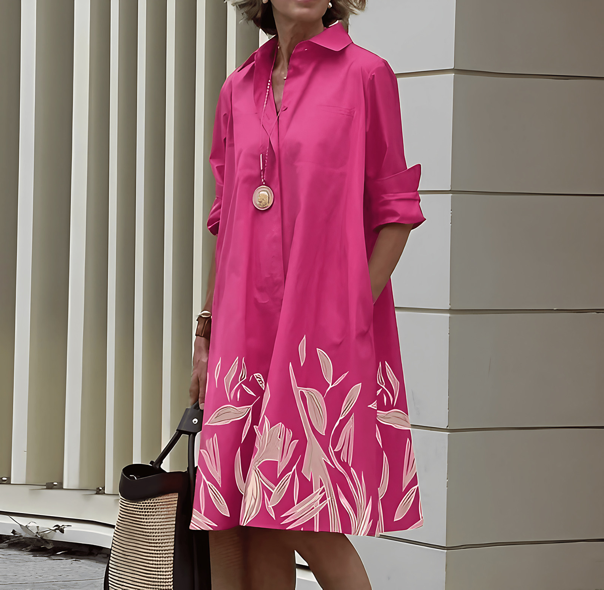 Robe chemise femme à manches 3/4 et ceinture amovible, rose