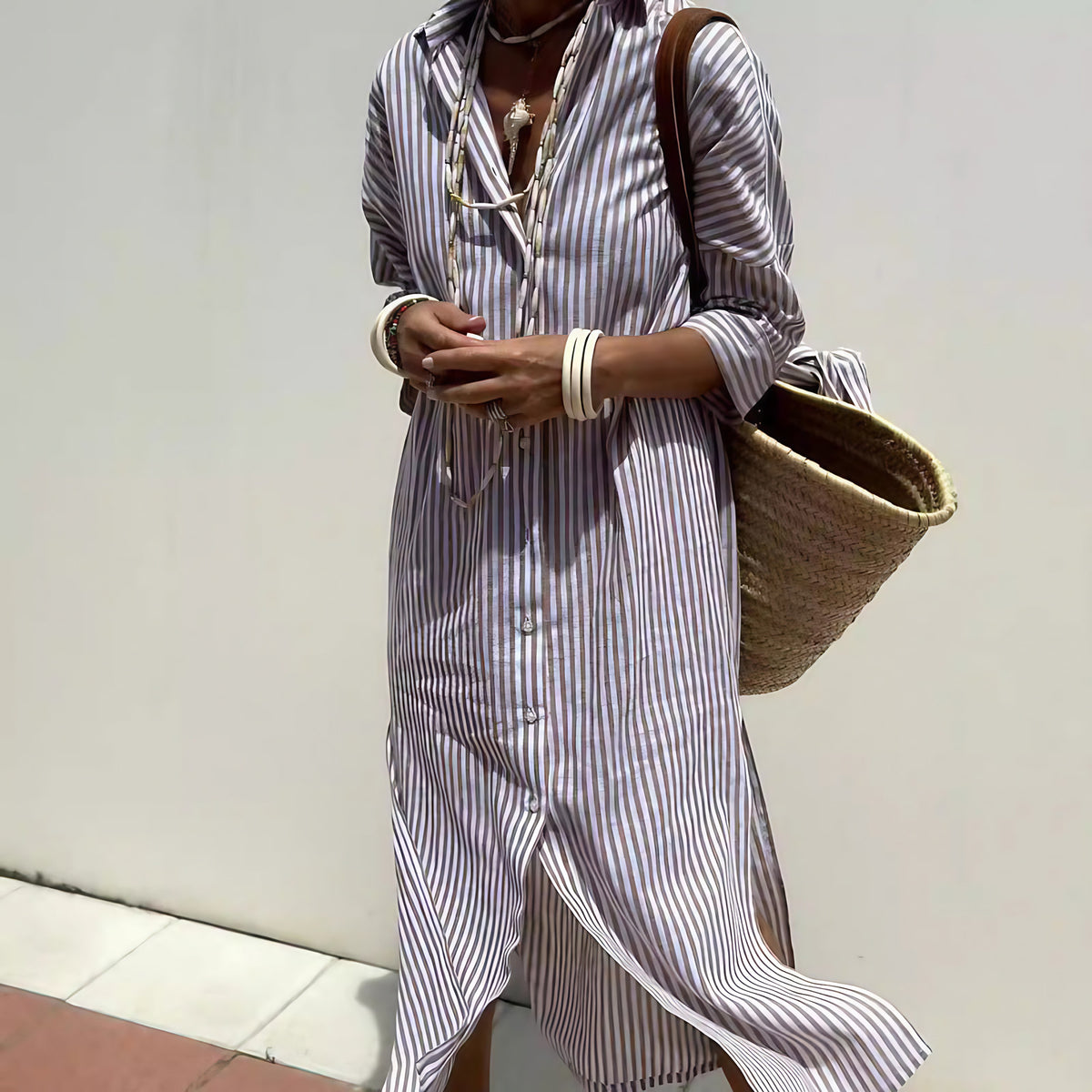 Robe chemise femme à rayures verticales, manches longues