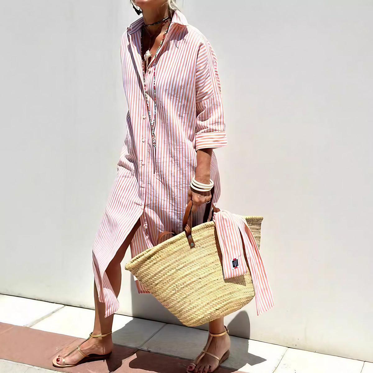 Robe chemise femme à rayures verticales, manches longues, rose