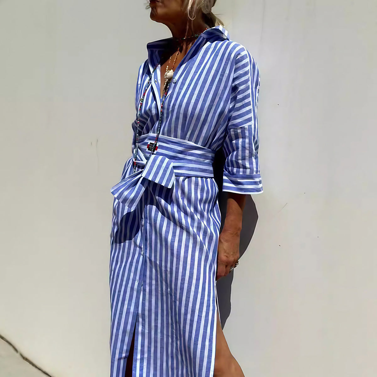 Robe chemise femme à rayures verticales, manches longues, bleu