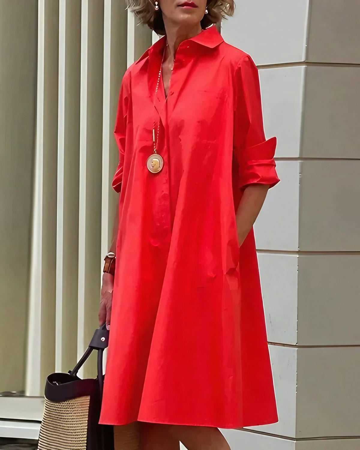 Robe chemise midi femme à manches longues et poches, rouge