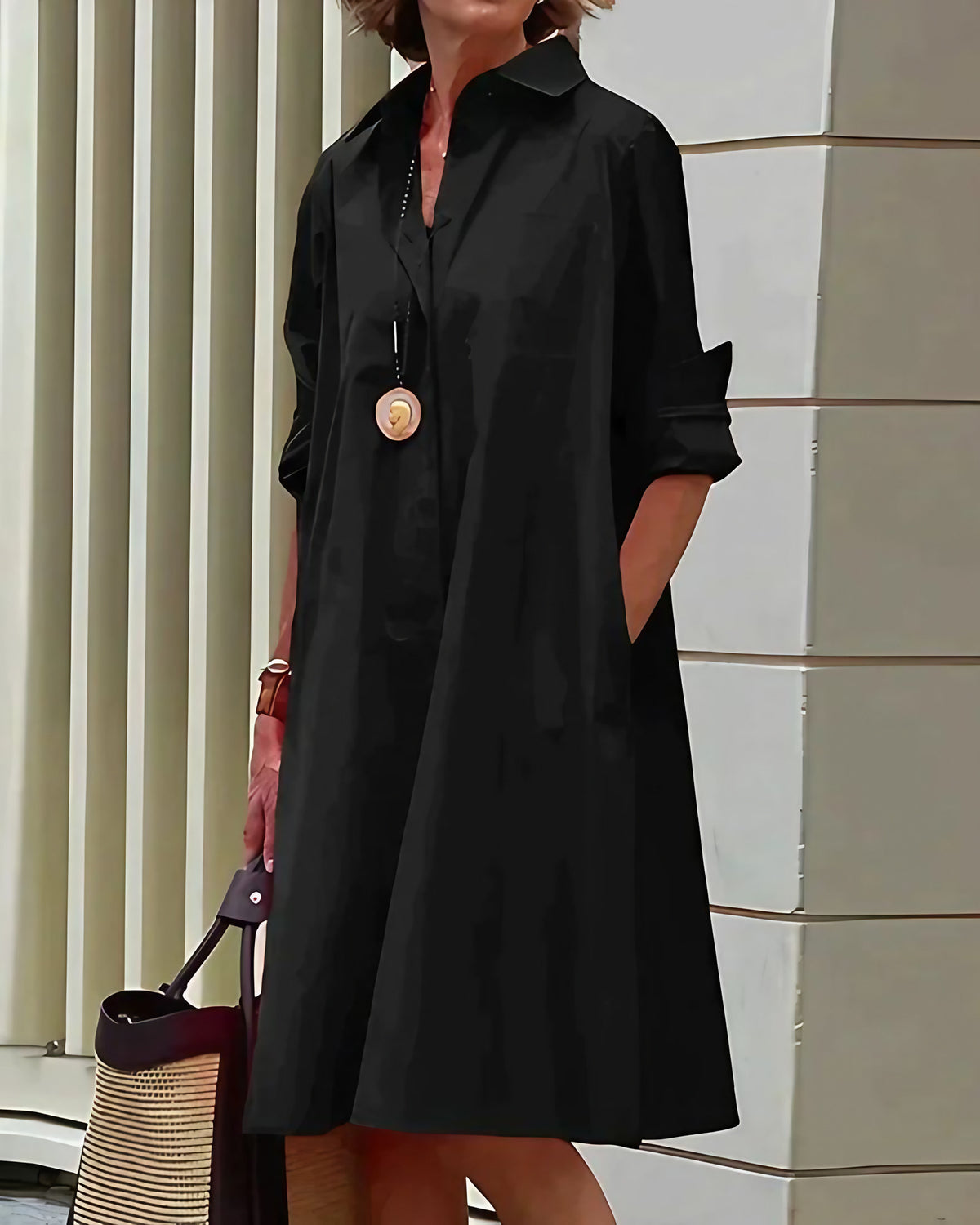 Robe chemise midi femme à manches longues et poches, noir