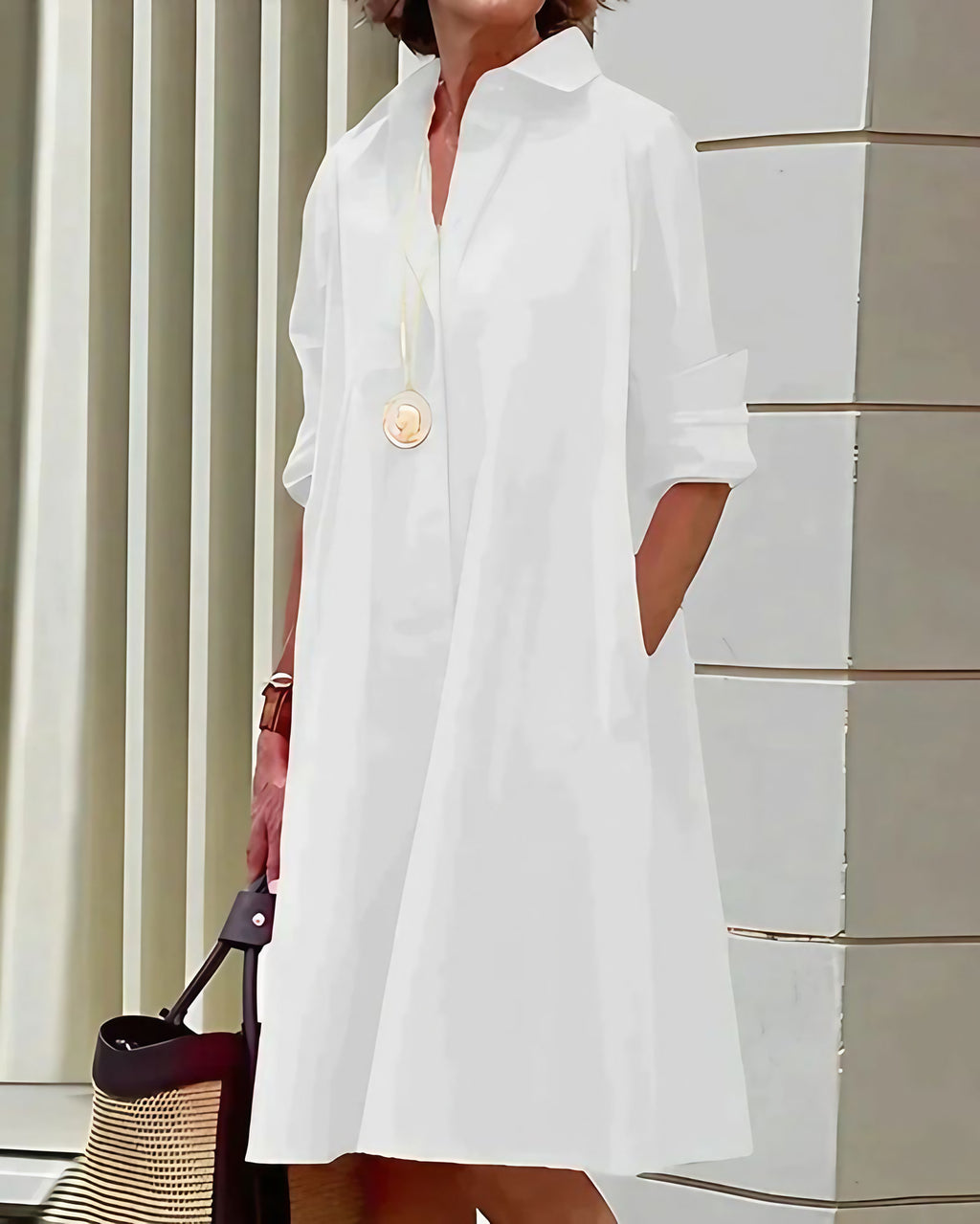 Robe chemise midi femme à manches longues et poches, blanc