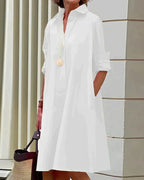 Robe chemise midi femme à manches longues et poches, blanc