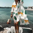 Robe chemise blanche fluide, manches longues, imprimés au choix, blanc à motif chat