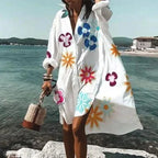 Robe chemise blanche fluide, manches longues, imprimés au choix, blanc à fleurs