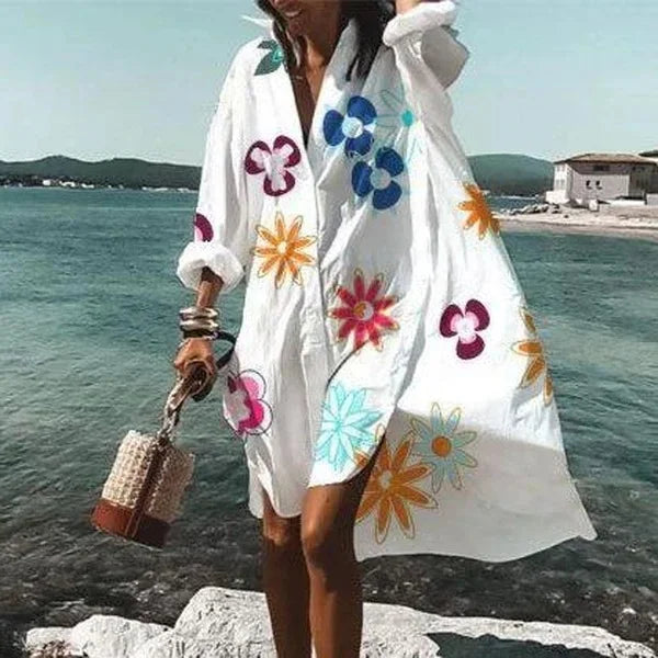 Robe chemise blanche fluide, manches longues, imprimés au choix, blanc à fleurs