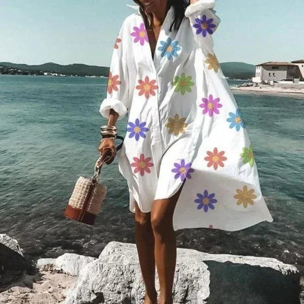 Robe chemise blanche fluide, manches longues, imprimés au choix, blanc à petites marguerites