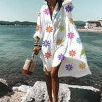 Robe chemise blanche fluide, manches longues, imprimés au choix, blanc à petites marguerites