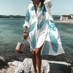 Robe chemise blanche fluide, manches longues, imprimés au choix, blanc à motif plume