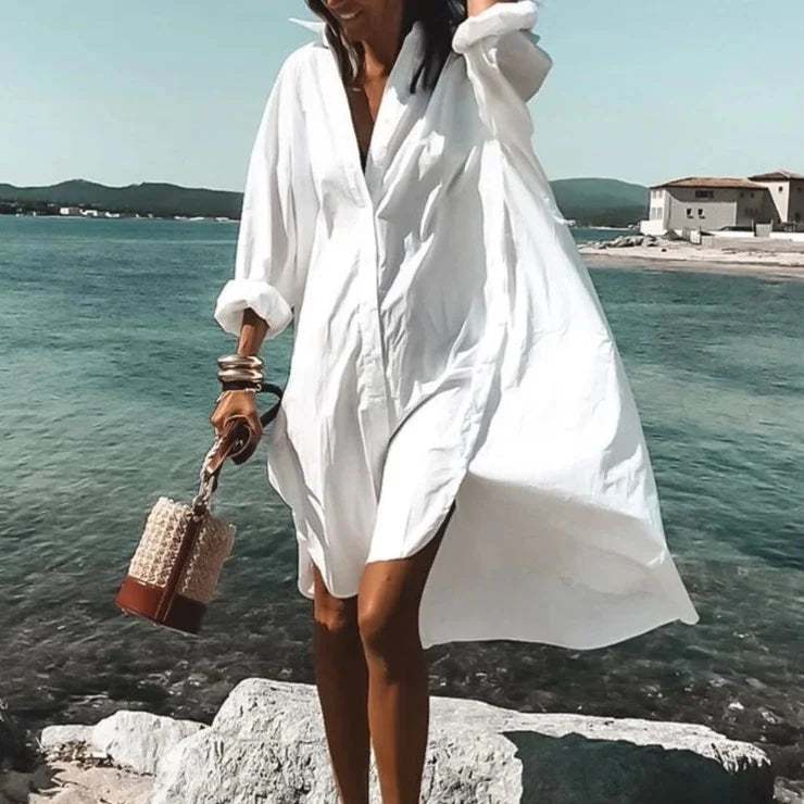 Robe chemise blanche fluide, manches longues, imprimés au choix, blanc