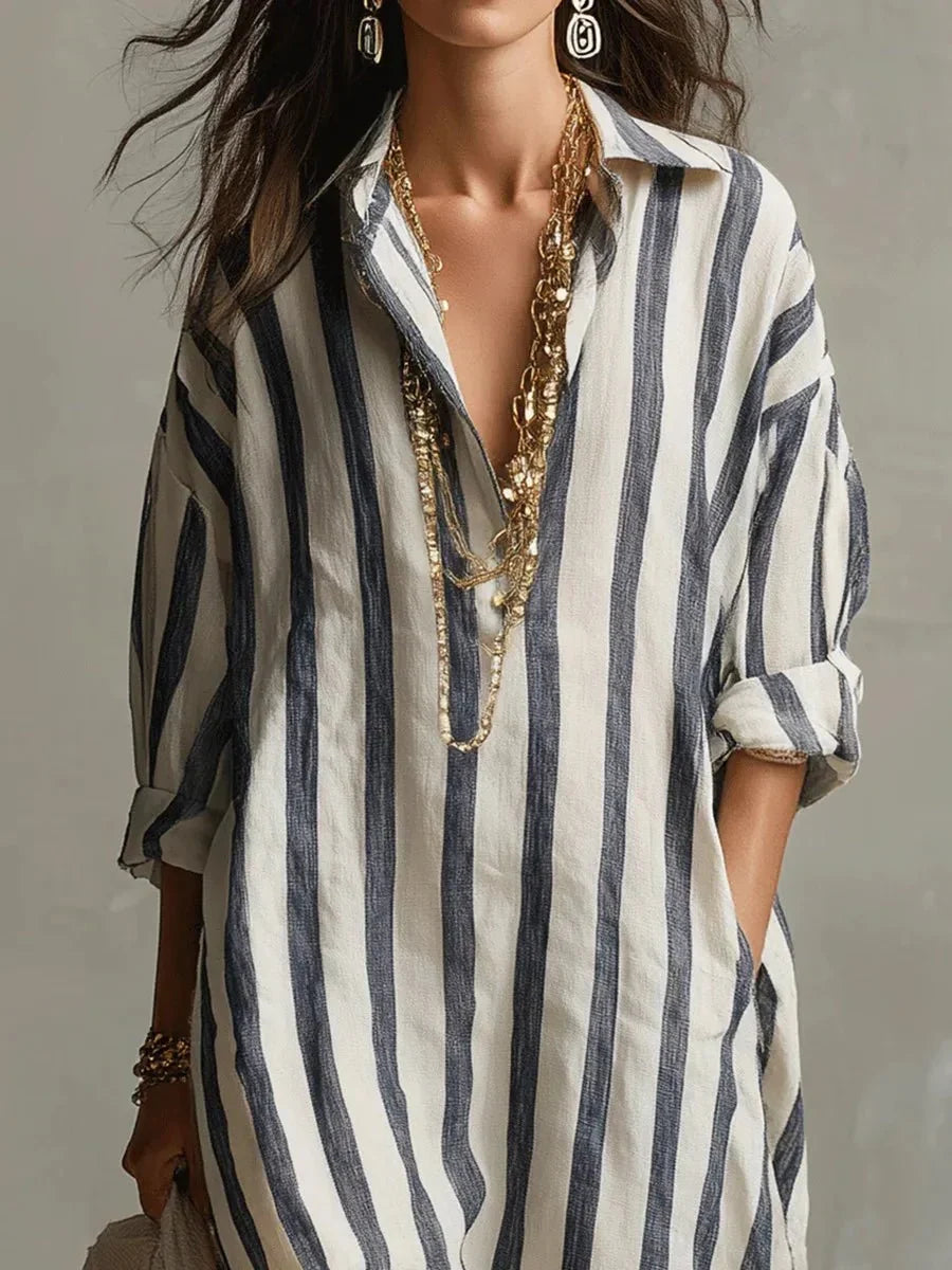 Robe chemise longue rayée femme, coupe ample avec poches