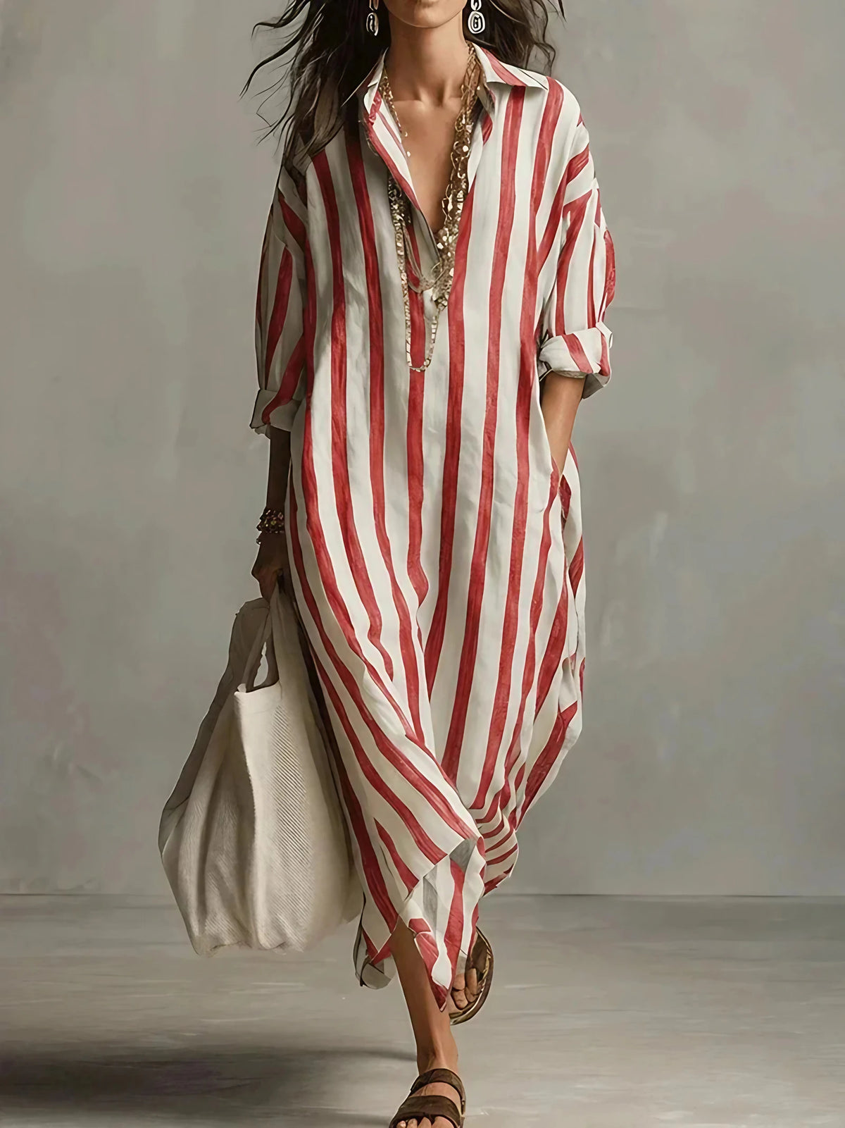 Robe chemise longue rayée femme, coupe ample avec poches, vert